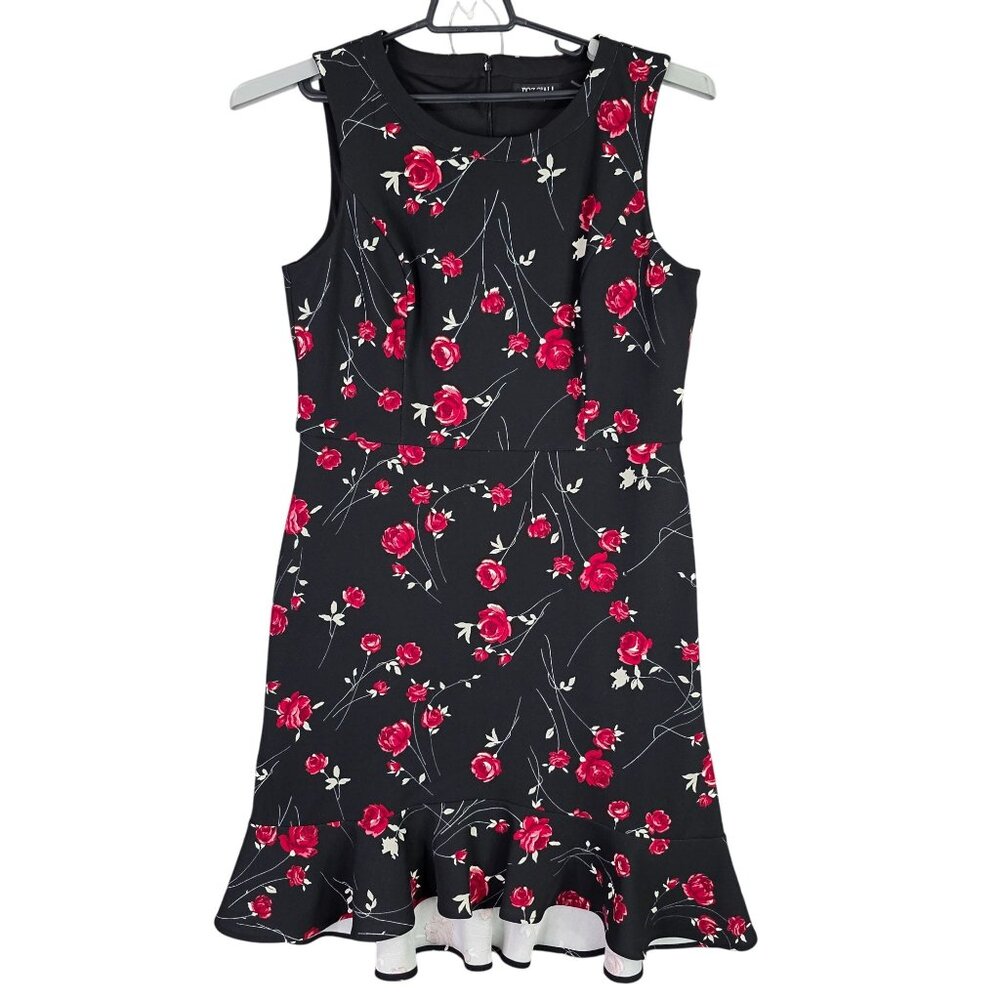 Womens Roz & Ali Black & Red Floral Sleeveless Dress Scallop Hem Polyester 14